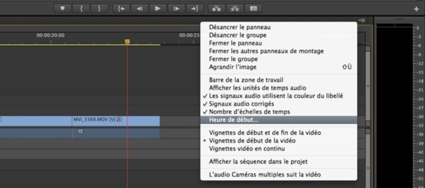 Réglage de la valeur du timecode de la séquence.