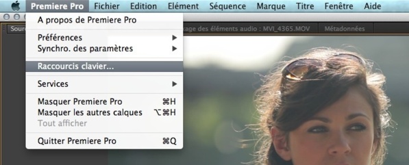 Menu des raccourcis clavier de Première Pro CC.