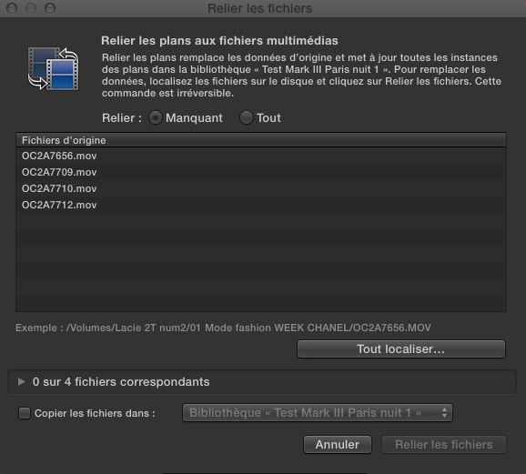FCPX 10.1 : Relinker les médias à des fichiers d'un projet