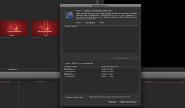 FCPX 10.1 : Relinker les médias à des fichiers d'un projet