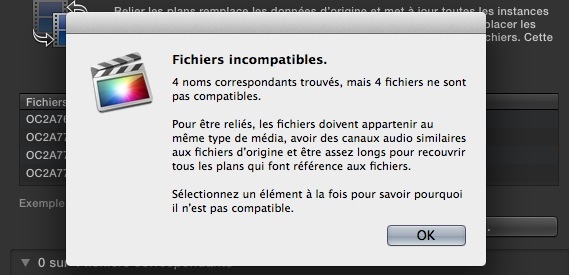 Erreur de Fichiers incompatibles dû au son manquant sur la timeline et présent dans les originaux du montage.