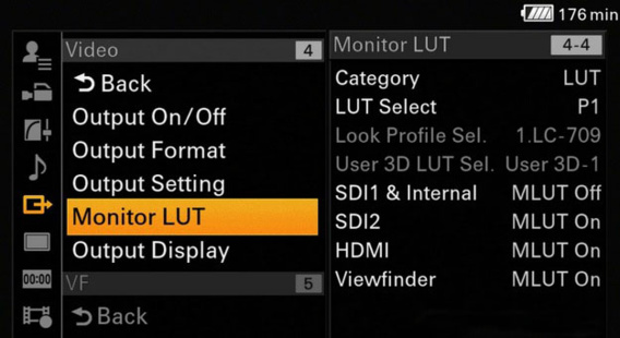 Paramètres de sélection de LUTs moniteur dans la caméra Sony FS7.