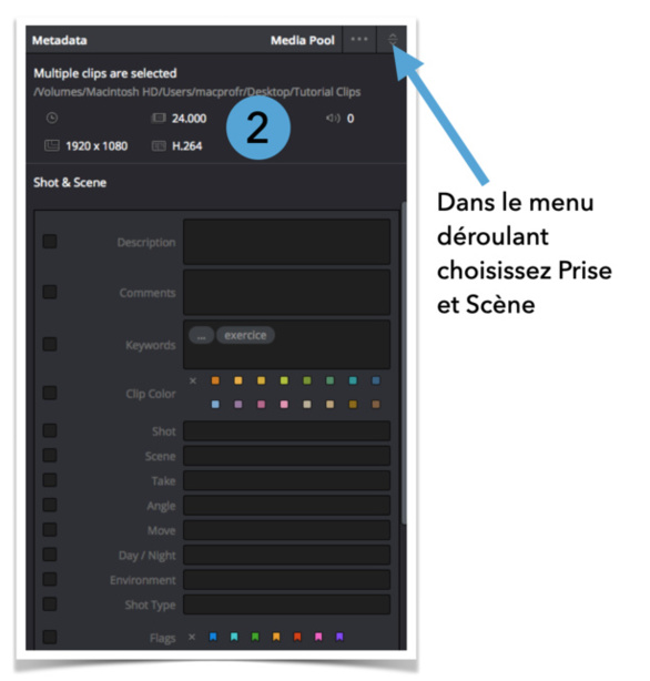 DaVinci Resolve 18 : onglet métadonnées de la page Média