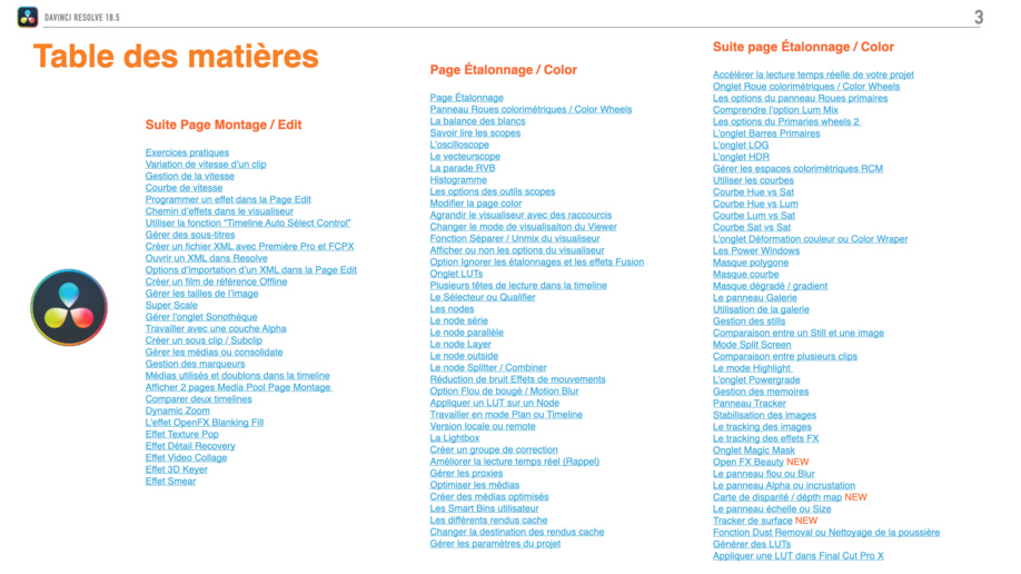 DaVinci Resolve 18.5 mise à jour : PDF de formation en français