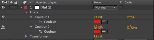 Renommez les 2 effets paramètre couleurs du calque d'objet Nul.