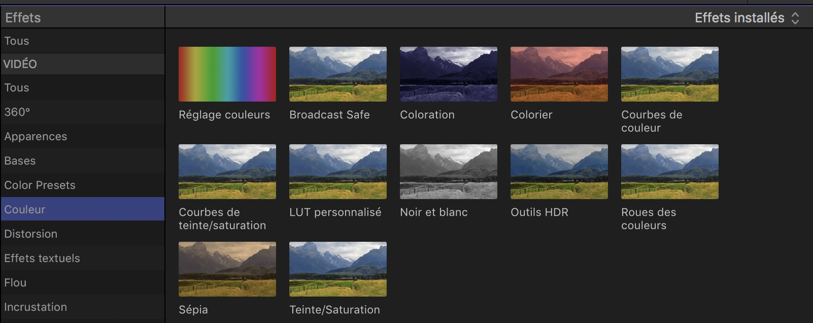 Organisation du panneau couleurs de FCPX 10.4