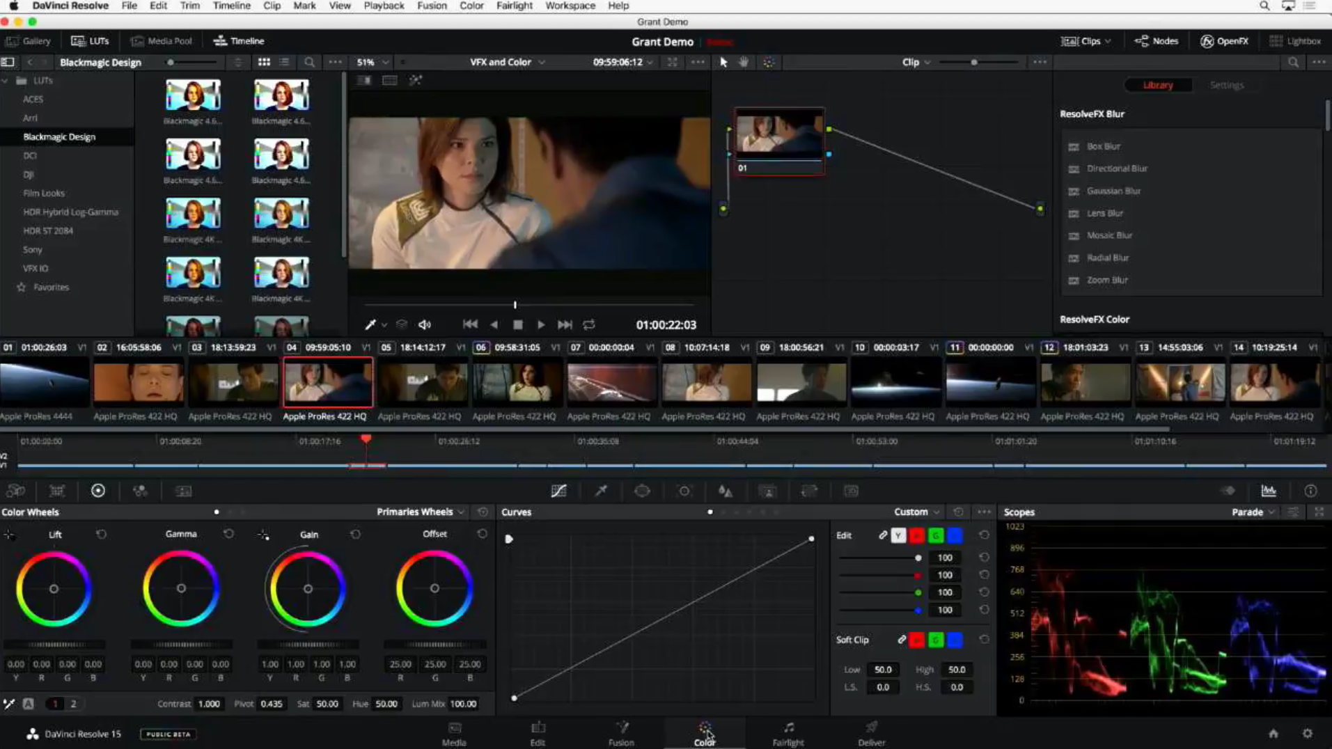 DaVinci Resolve 15 survol des LUTs en direct dans la page Color.