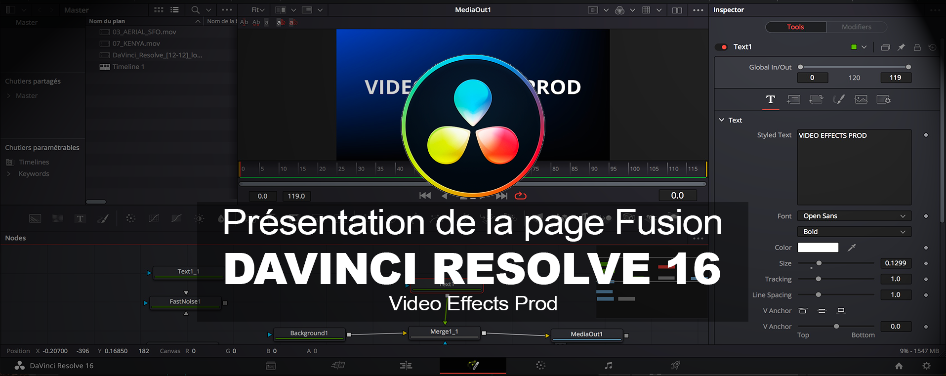 DaVinci Resolve : Présentation de la page Fusion, du node text+ et du node Merge