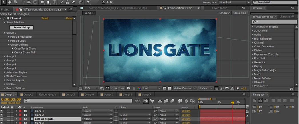 After Effects Element : réaliser l'animation Lions Gate par Videocopilot