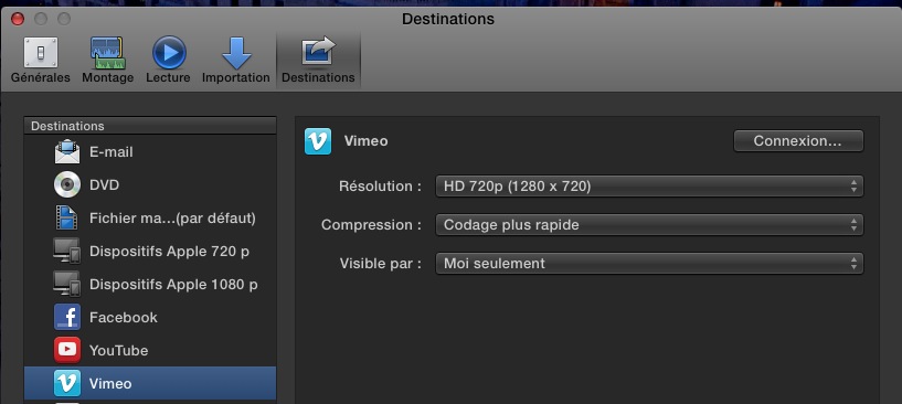 Destination vers Vimeo sous FCPX 10.1.1