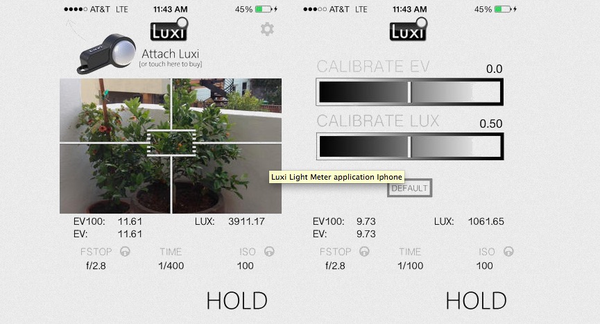 L'affichage sur Iphone du Luxi Light Meter.