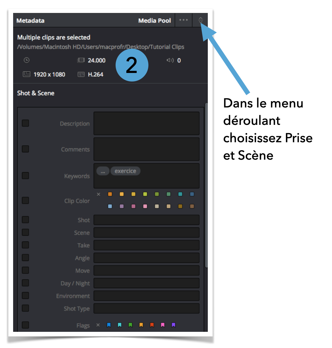 DaVinci Resolve 18 : onglet métadonnées de la page Média