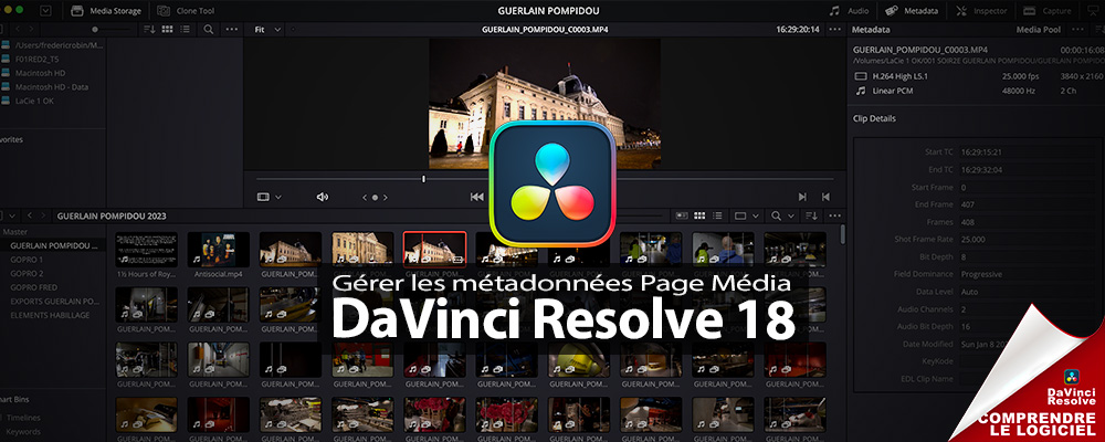 DaVinci Resolve 18 : onglet métadonnées de la page Média