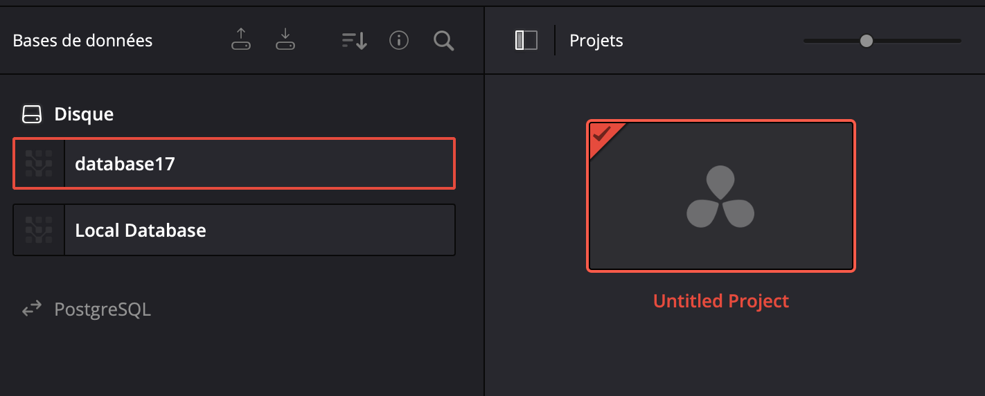 Création d'un nouvvelle base de données DaVinci resolve 17