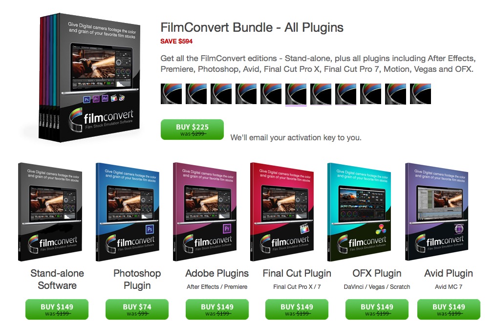 Bundle de FilmConvert et leurs prix.