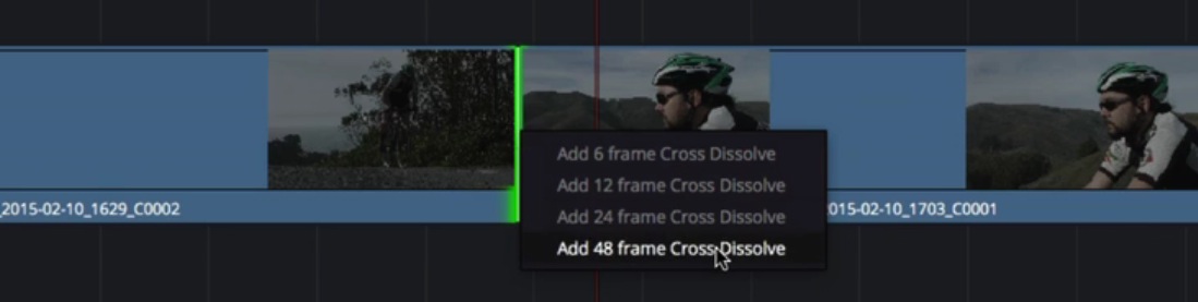 Option d'ajout de fondu sur une transition DaVinci Resolve 12