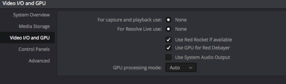 L'onglet Video I/O and GPU